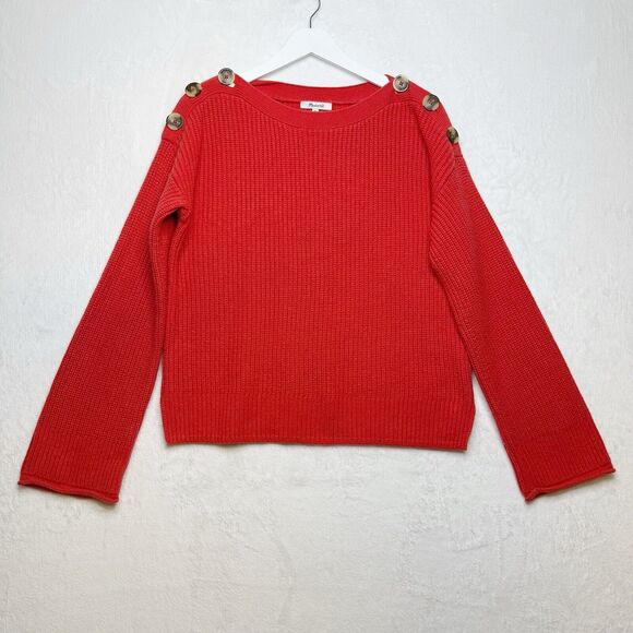 MADEWELL Calloway Boatneck Ribbed Wool Sweater Oversized Buttons Enamel Red Sz S - Picture 3 of 9